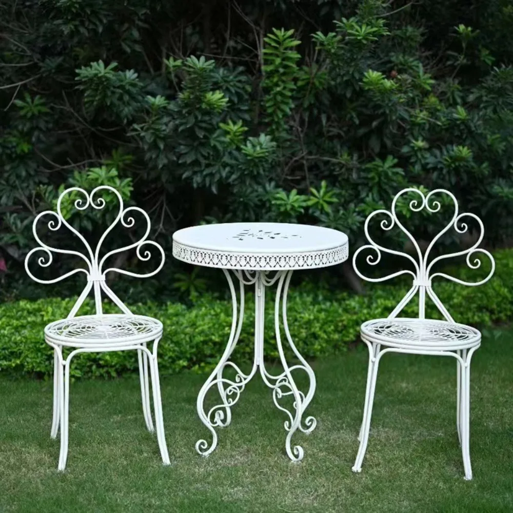 American pastoral style wrought iron new beautiful table and chairs, outdoor balcony garden, old flower pot rack, decorative fra