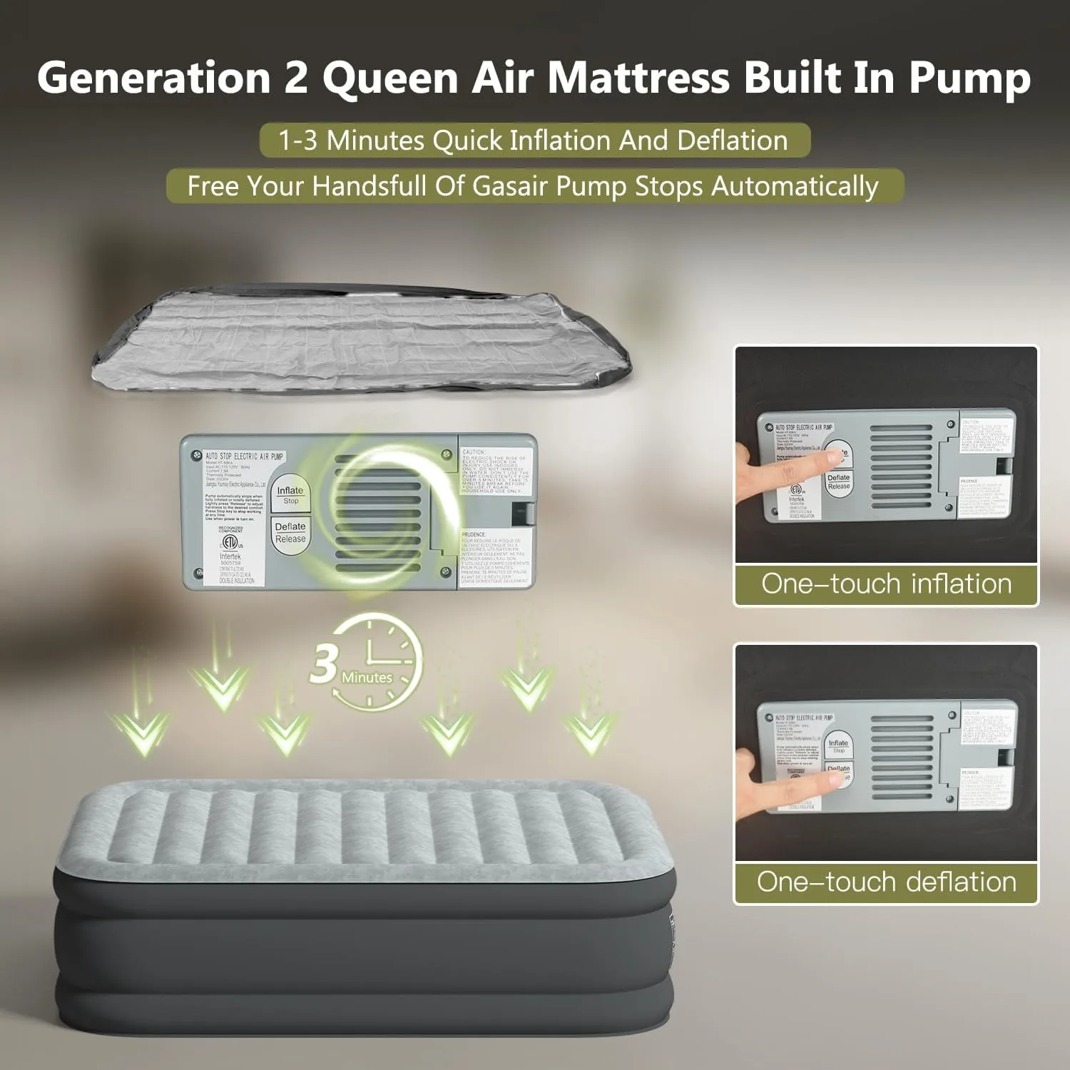 Queen Air Mattress 20 Inches High Deluxe Push Button to Start/Automatic Stop When Full of Air/1-3 Minutes Quick Inflate