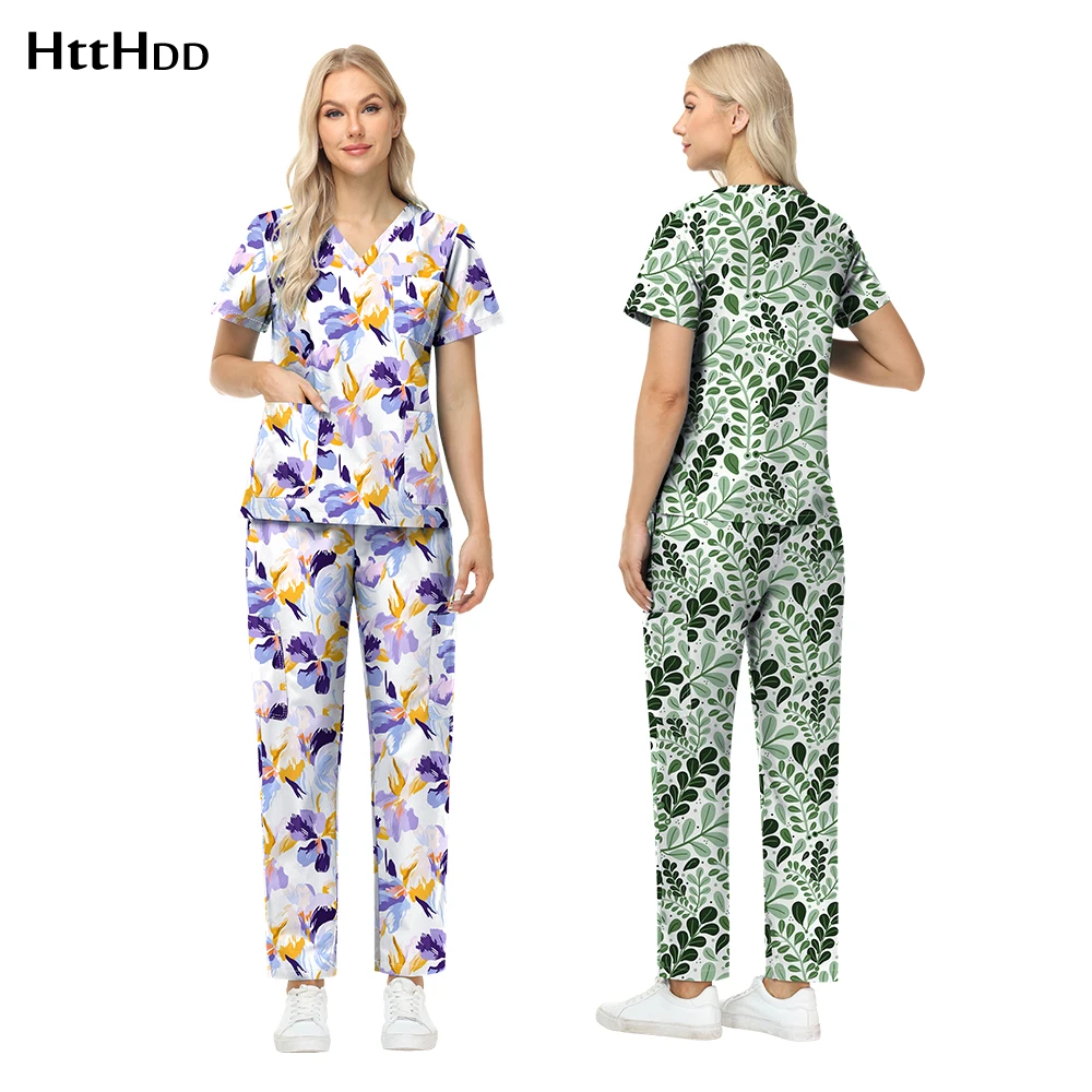 ชุดพยาบาลผ้าฝ้ายพิมพ์ลาย 100% แขนสั้น คอวี สำหรับแพทย์ พยาบาล อุปกรณ์ทางการแพทย์ เสื้อโรงพยาบาล ชุดยูนิฟอร์มทางการแพทย์