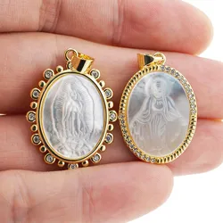 New Oval Medal Virgin Mary Tree Of Life Corss Pendant Pearl Shell CZ Charm Necklace Accessories For Women Fashion Jewelry Making