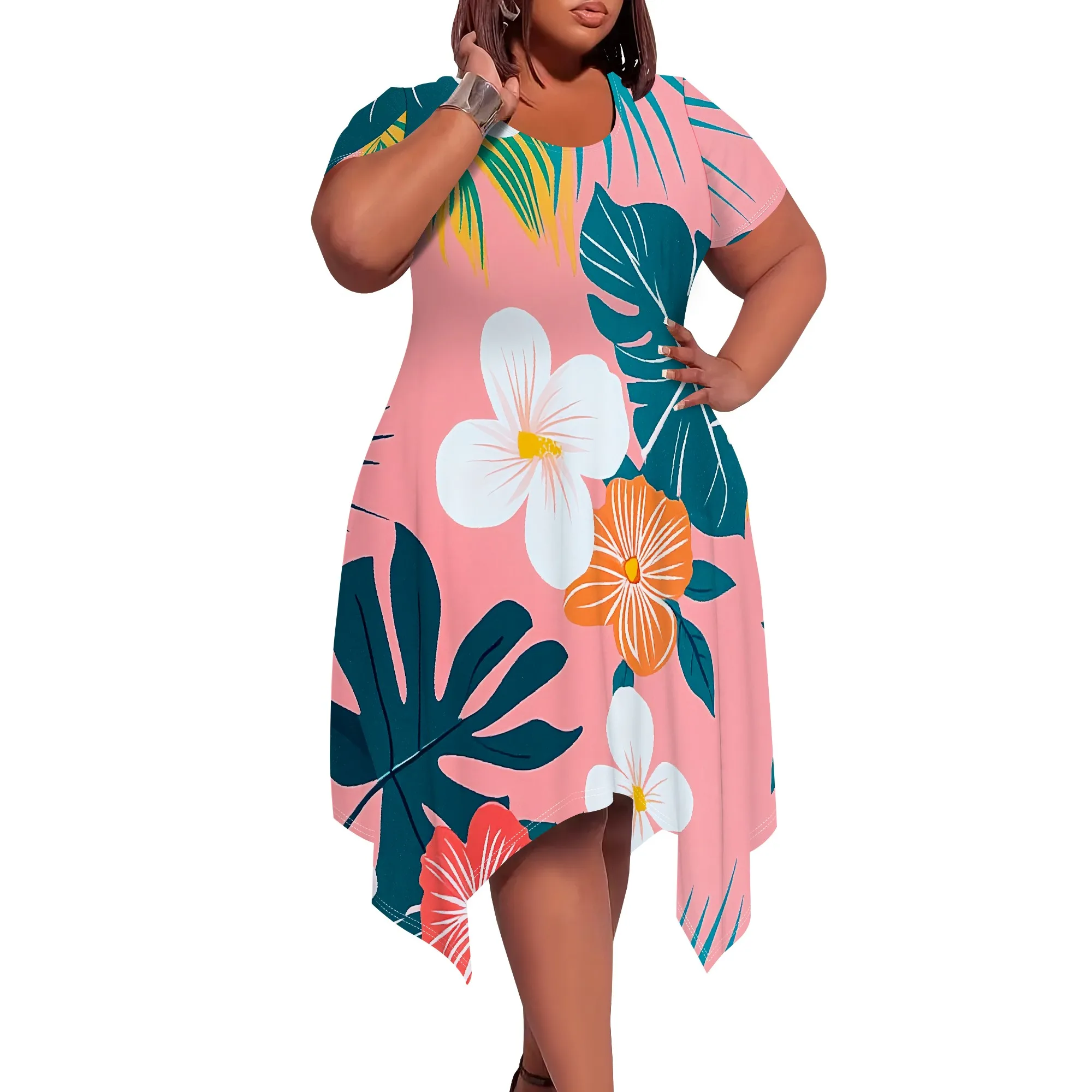 Plus Size Women's Pullover Sexy Short Sleeve Round Neck Fashion Printed Summer Casual Midi Dresses With Pocket