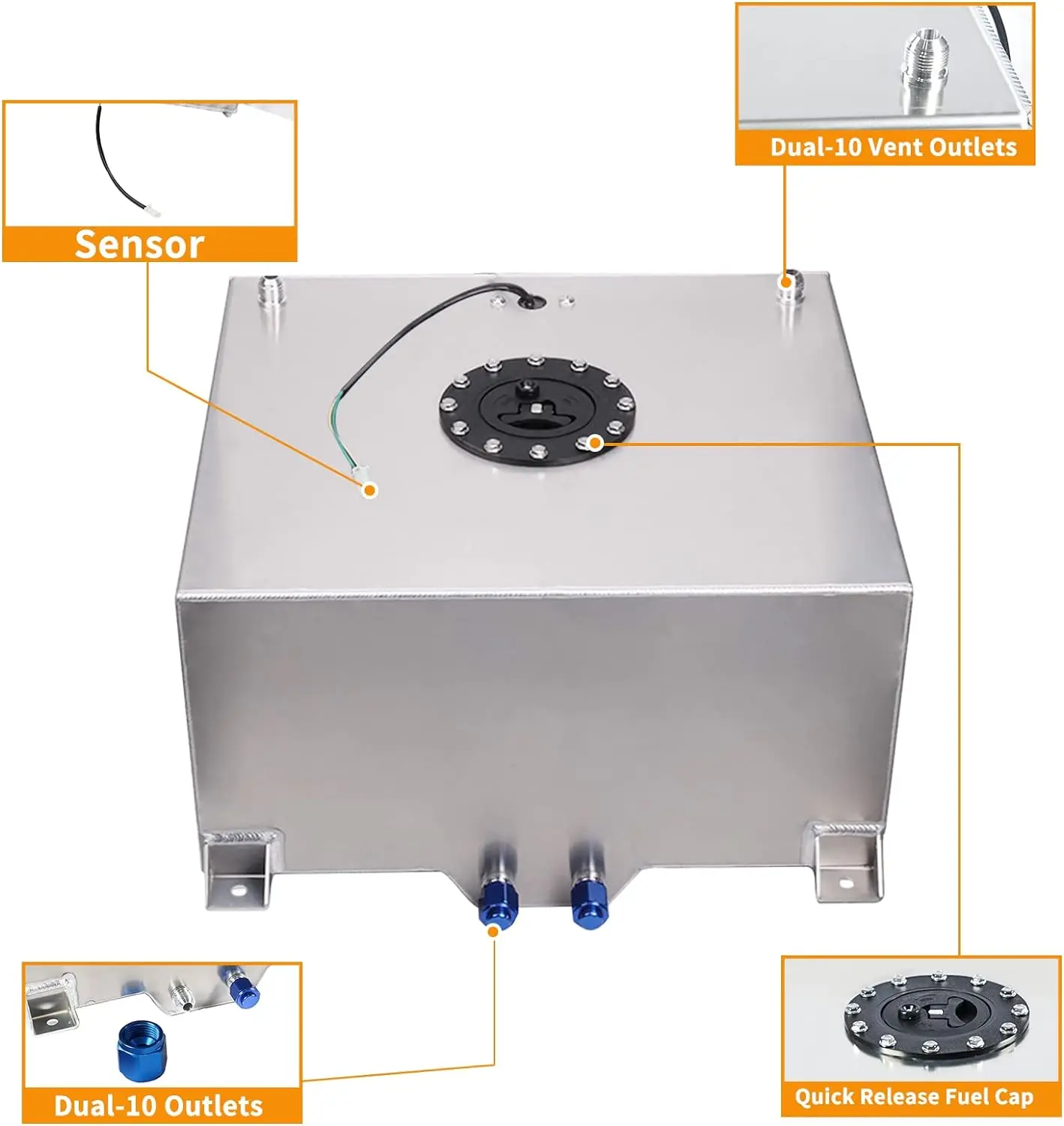 Universal Aluminum 2.5/5/10/15/20 Gallon 10/20/40/60/80L Fuel Surge Cell Tank with Cap and Sensor Foam Inside Silver