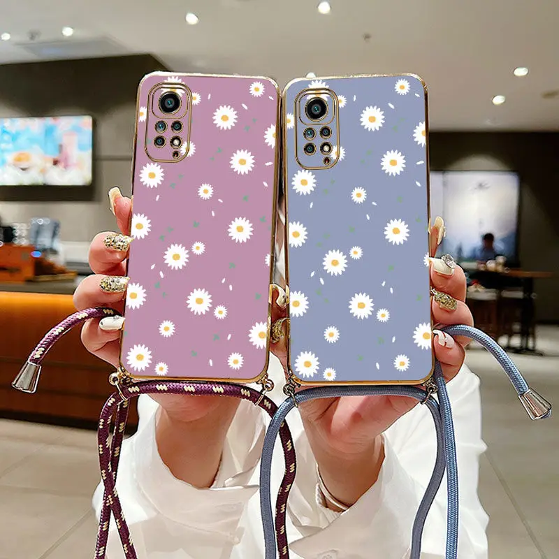 Daisies Crossbody Lanyard Silicone Phone Case For Xiaomi Redmi Note 11 Pro 10 Pro 10 12 11S 9 10A 10C 9C 9A 9T Cover