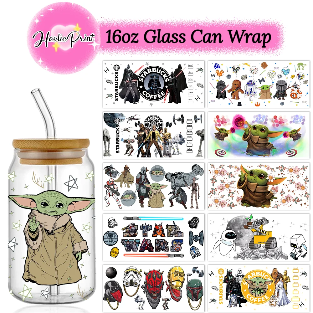 Star Wars Yoda 16oz Libbey Glass Can UV DTF Wrap DIY Libbey Glass Can UV DTF Transfer Senior 3D Sticker