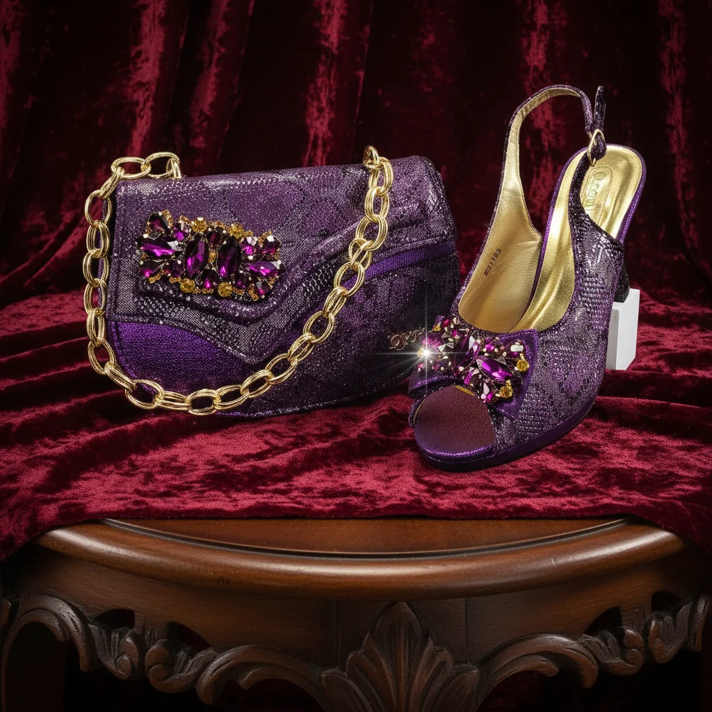 

Italian Design Elegant Women's Heel Bigger Size Shoes & Rhinestone Butterfly Bag – Perfect for Weddings & Bridal Accessories
