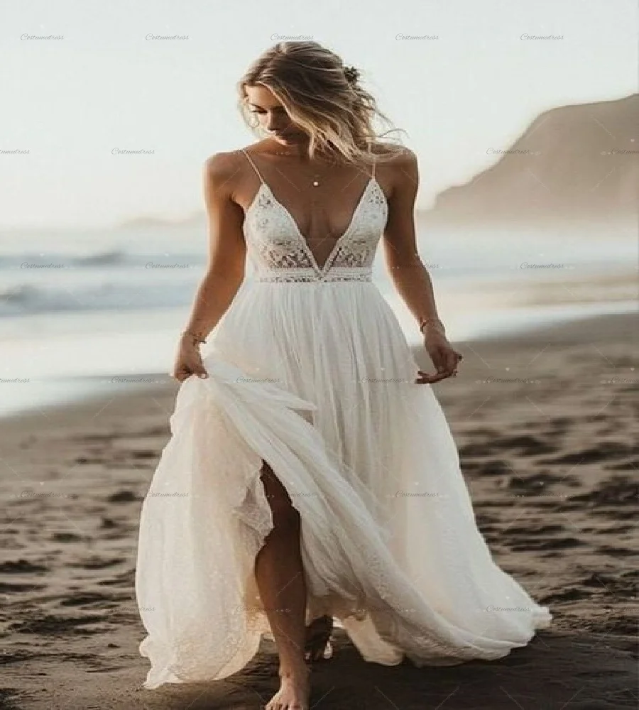 Sexy Boho Beach Wedding Dress 2026 Destination Spaghetti Straps Bohemian Bridal Dress Elegant Rustic Country Sheath Tulle Bride