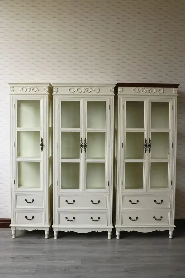 Premium European modern simple glass ivory white carved wine cabinet fully decorated cabinet