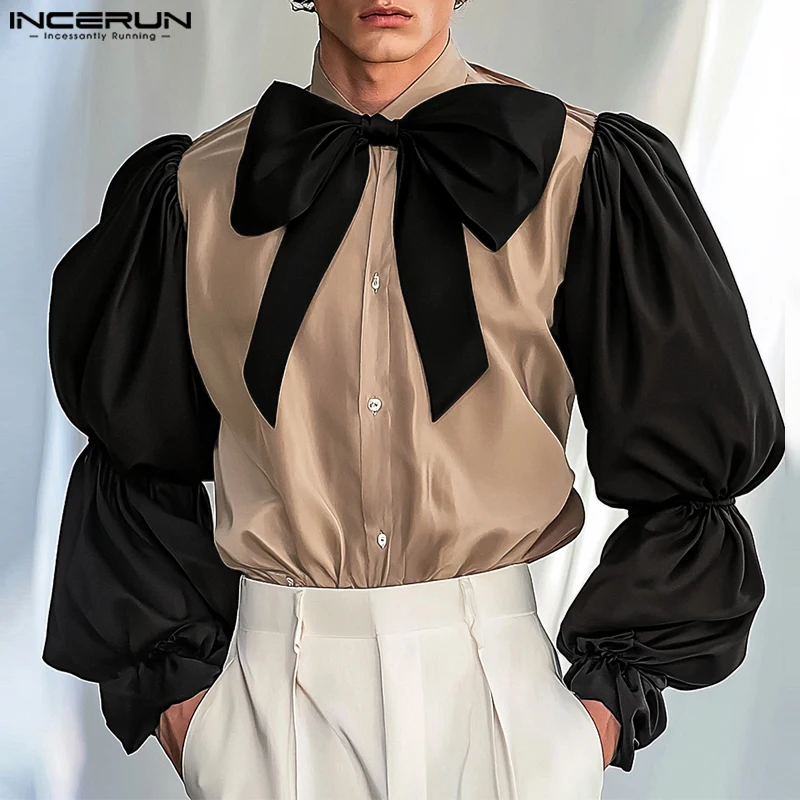 2024 Men Fashion French Color Contrast Bow shirt Casual Long Lantern Sleeve Tops American Style Lapel Streetwear Male Oversize