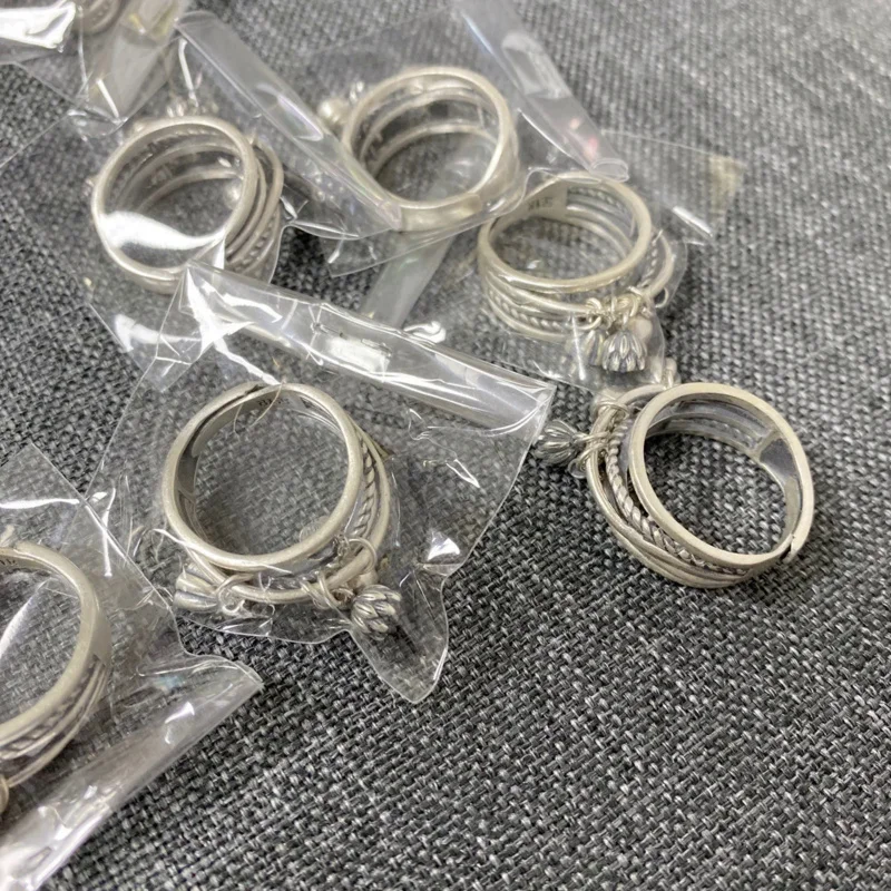 Retro Matte double layer lotus pod lucky bag small pendant ring jewelry 100% real silver tassel for women adjustable jz073