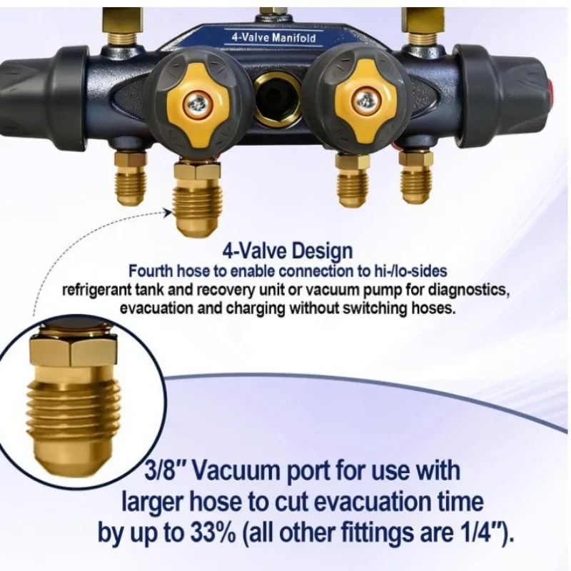 Detalhe 2 de Válvula solenoide Manifold Gauge with 4 Yellow Jacketed Valves - Industrial Refrigeration HVAC Tool R134A Refrigerant Valves Outras válvulas