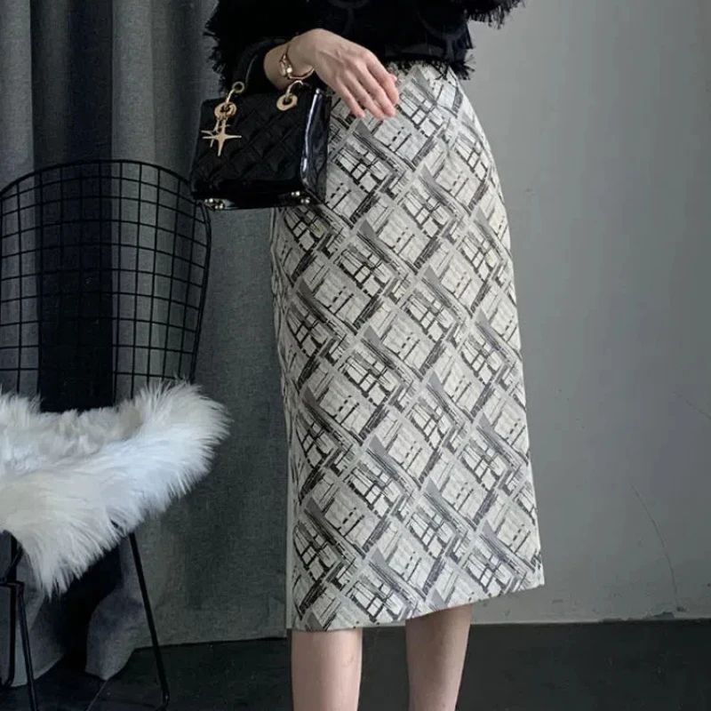 

Coffee Colored Midi Skirt Women Spring and Summer Jacquard High Waisted Slim Commuting Professional Wrapstraight Tube Long Skirt