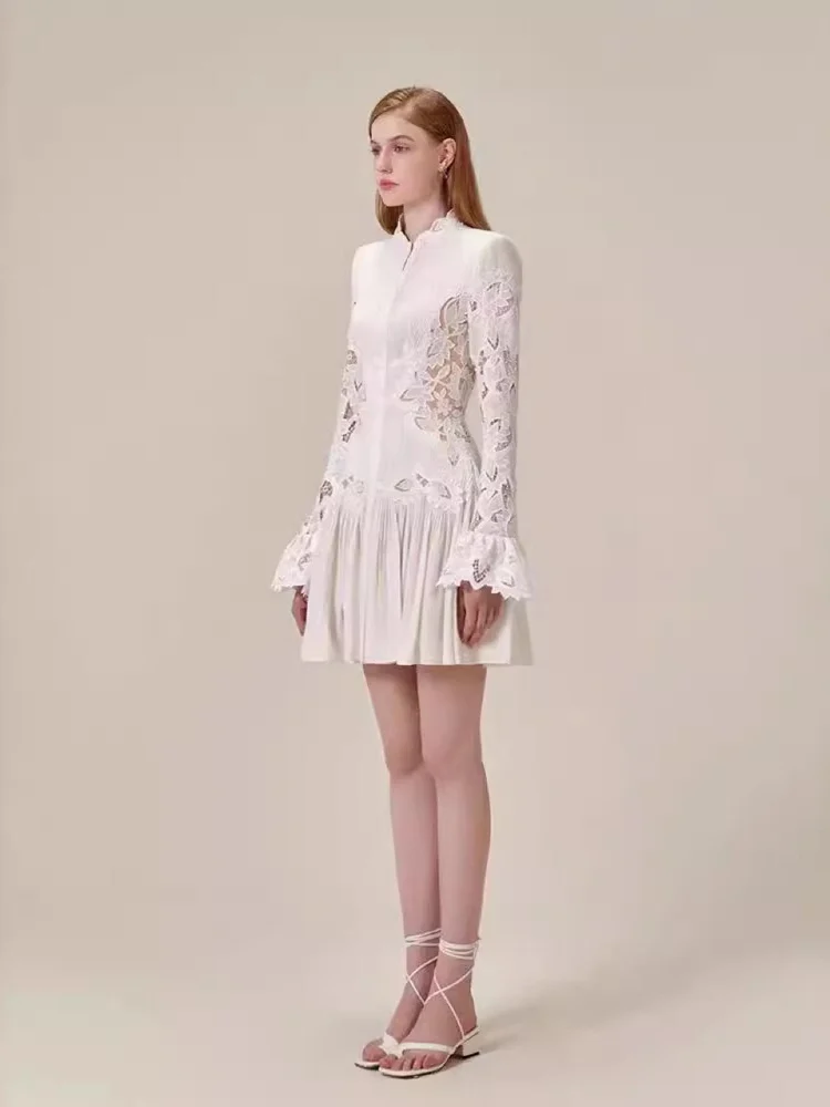 Elegant Lace Hollow out Long Sleeve Dress Women's High Waist Gown for Wedding Company Dinner Birthday Ball Polyester Fabric