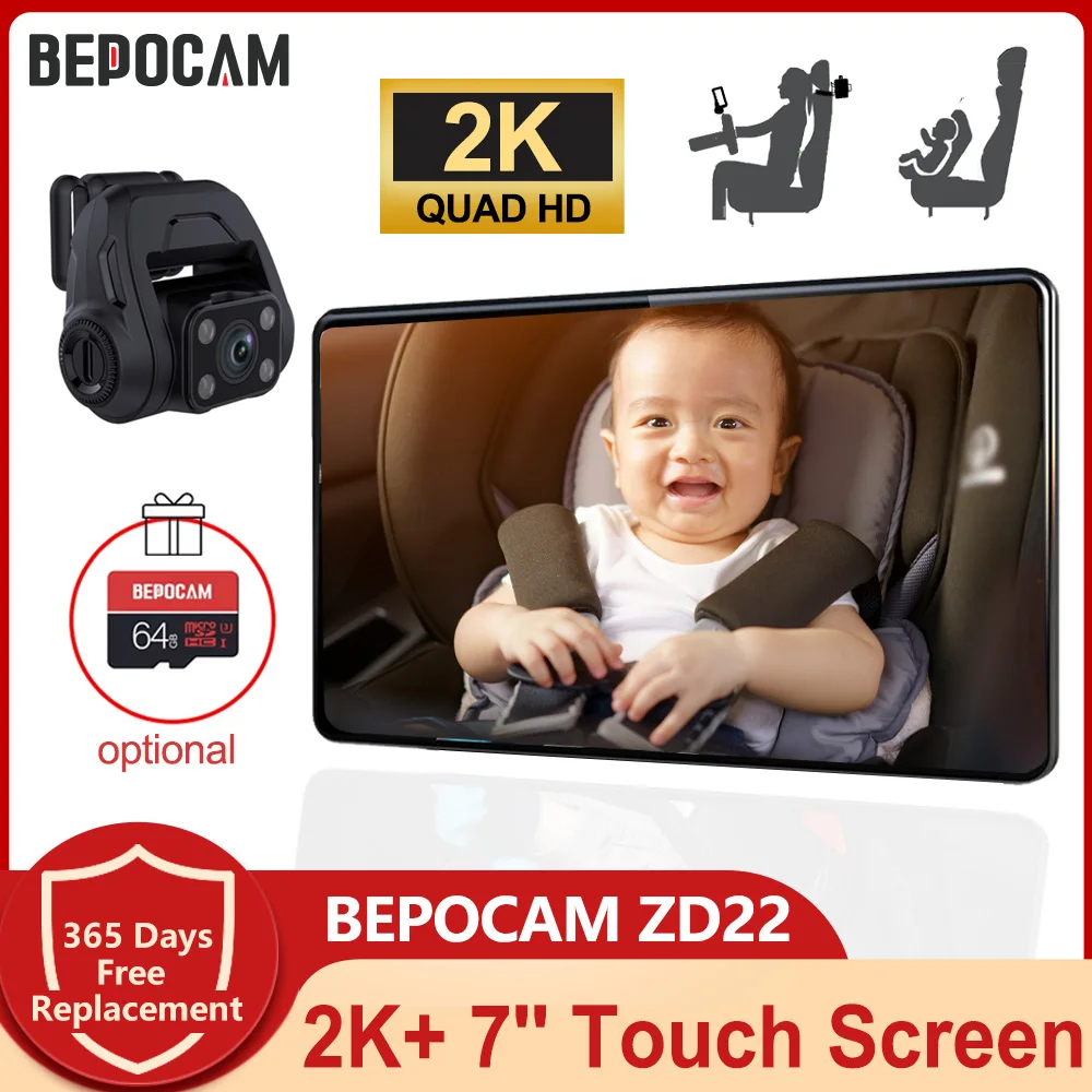 

BEPOCAM 2K HD Baby Car Camera ZD22 7'' Touch Screen 180° View Angle Rear-Facing Car Baby Monitor Night Vision for Kids & Infants