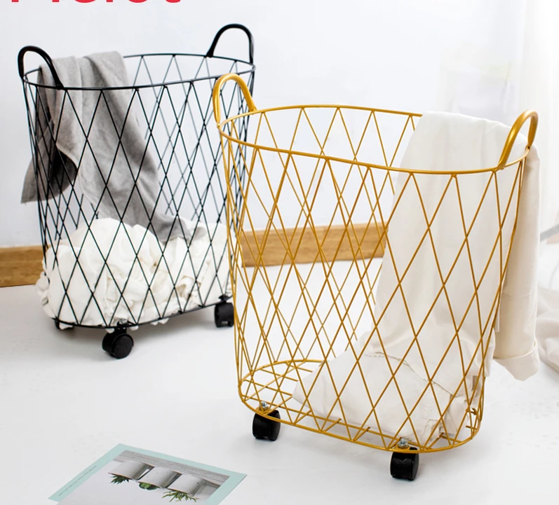 

Modern Golden Fashion Metal Gold Color Dirty Clothes Storage Handle Wheel Laundry Basket Home Creative Organizer With Wheel