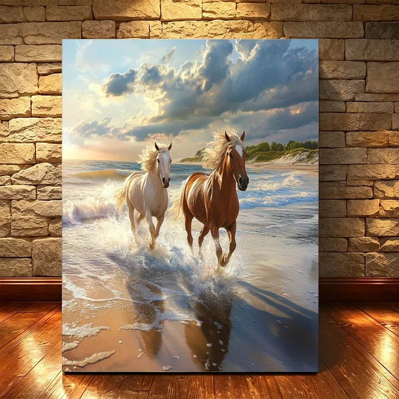 1 Set Professional Art Use Adult Digital Oil Painting Painting Kit Coloring, Beach Double Horses Galloping Scenery, 40X50Cm/15.7