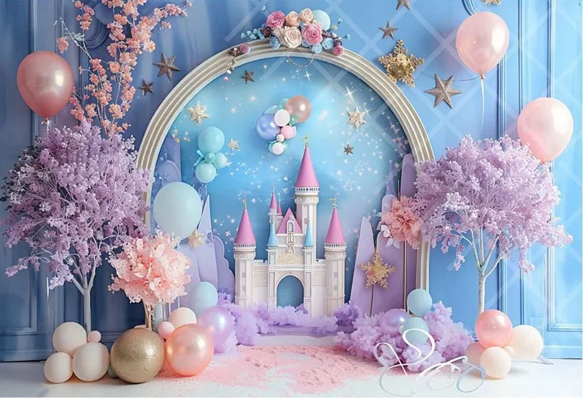 Mehofond Photography Background Fairytale Castle Flowers Balloon Girls Birthday Cake Smash Portrait Decor Backdrop Photo Studio