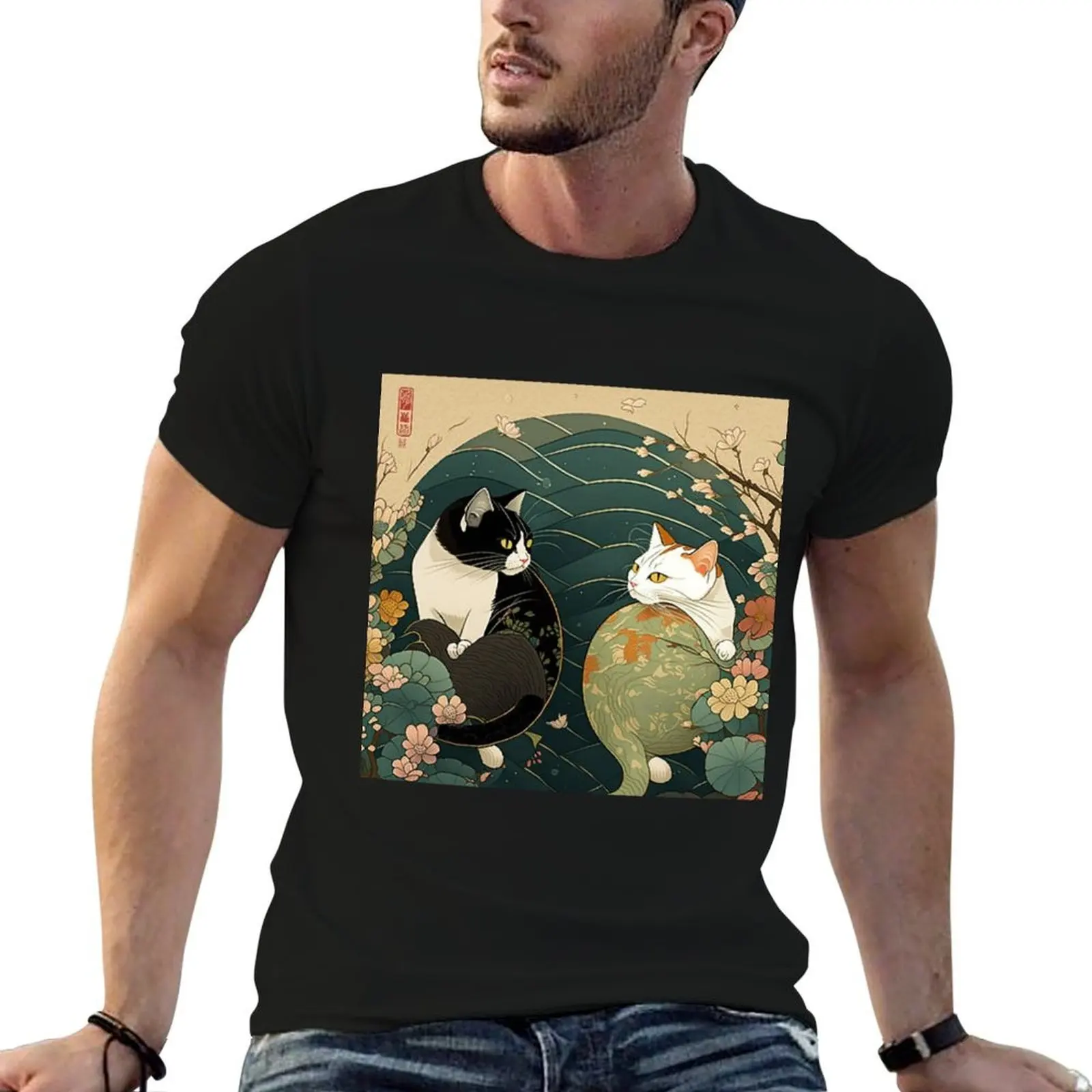 Ukiyo E Cats T-Shirt Large Size Loose Casual Tee