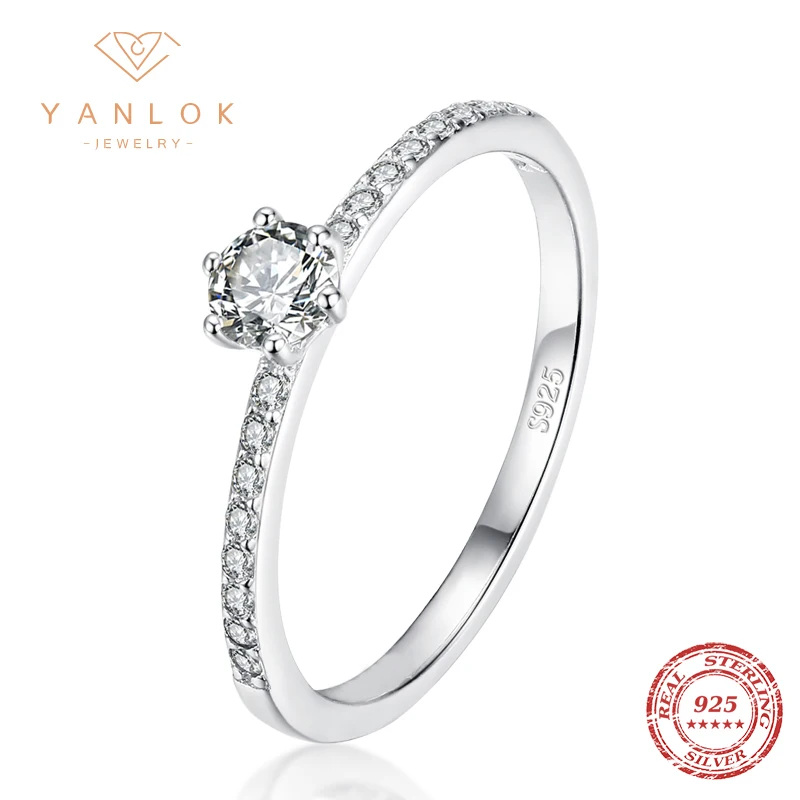 

YANLOK Fashion 925 Sterling Silver 6 Prong Zirconia Stackable Wedding Engagement Slim Finger Ring for Women Girl Fine Jewelry