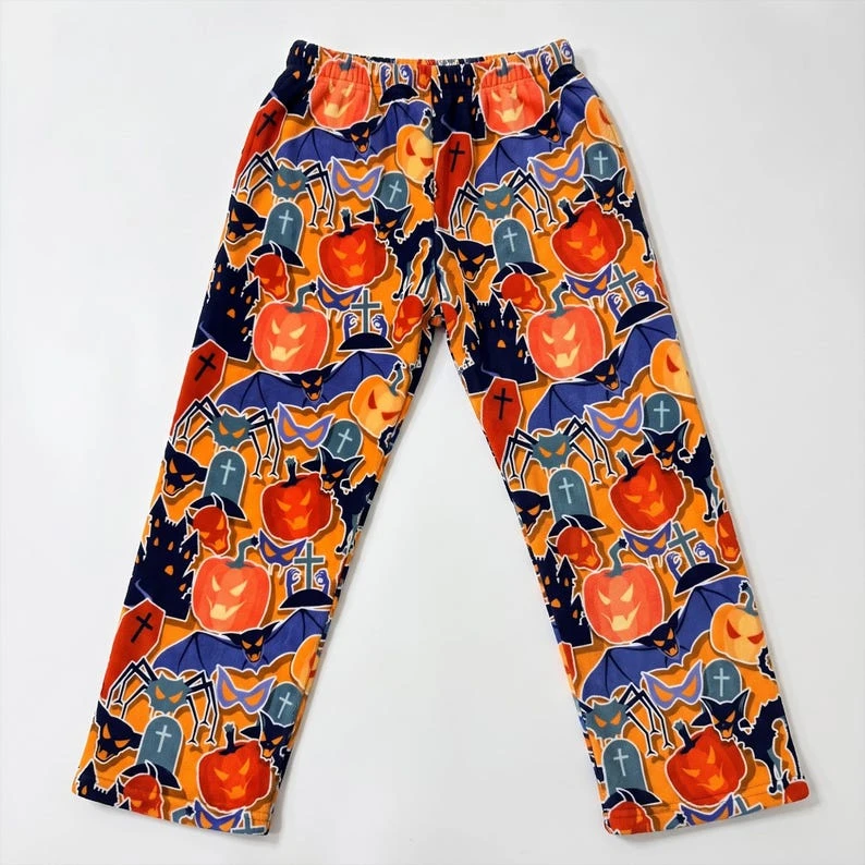 2026 Men Women Halloween Pajama Pants Pumpkin Bat Spider Tombstone Print Elastic Waist Soft Warm Loose Fit Home Sleep Trousers