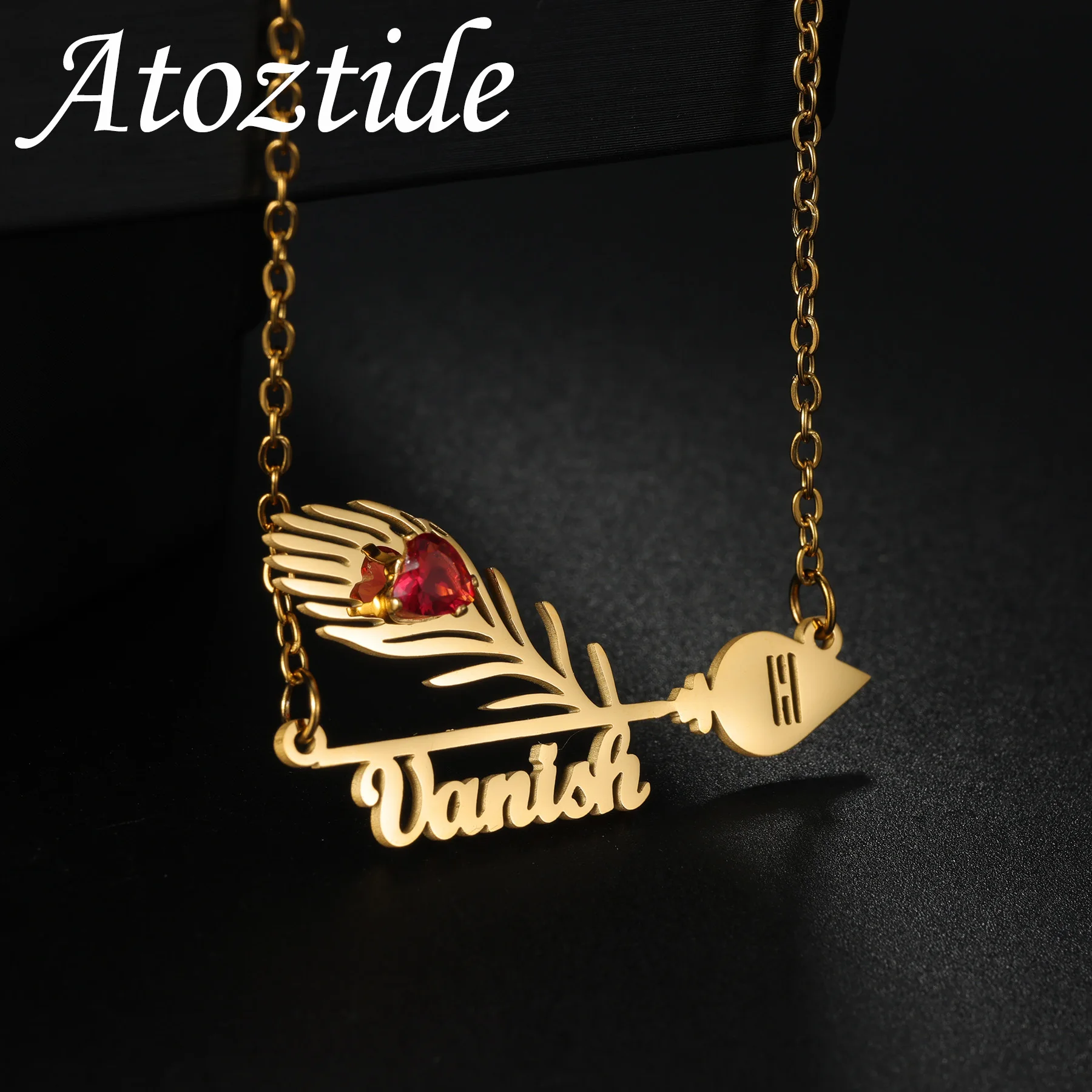 Atoztide Custom Name Necklace with Birthstone for Women Peacock Feather Pendant Stainless Steel Jewelry Chain Personalized Gift