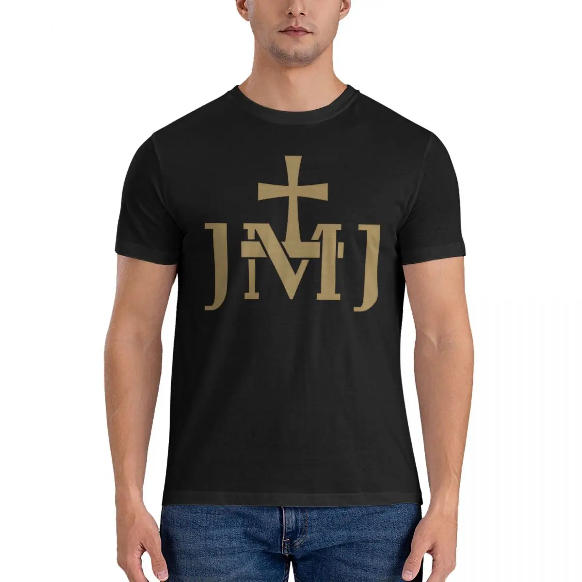 JMJ Jesus Mary Joseph Insignia Bucket Hat T Shirts for Men Pure Cotton Funny T-Shirt Round Collar Jesus Tee Short Sleeve Clothes