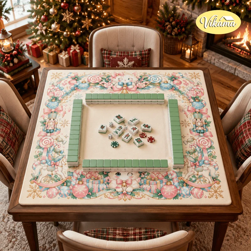 VIKAMA Christmas Pink Cat Mahjong Table Mat Non Slip Washable Board Game Mat for Living Room Family Game Night Holiday Gift