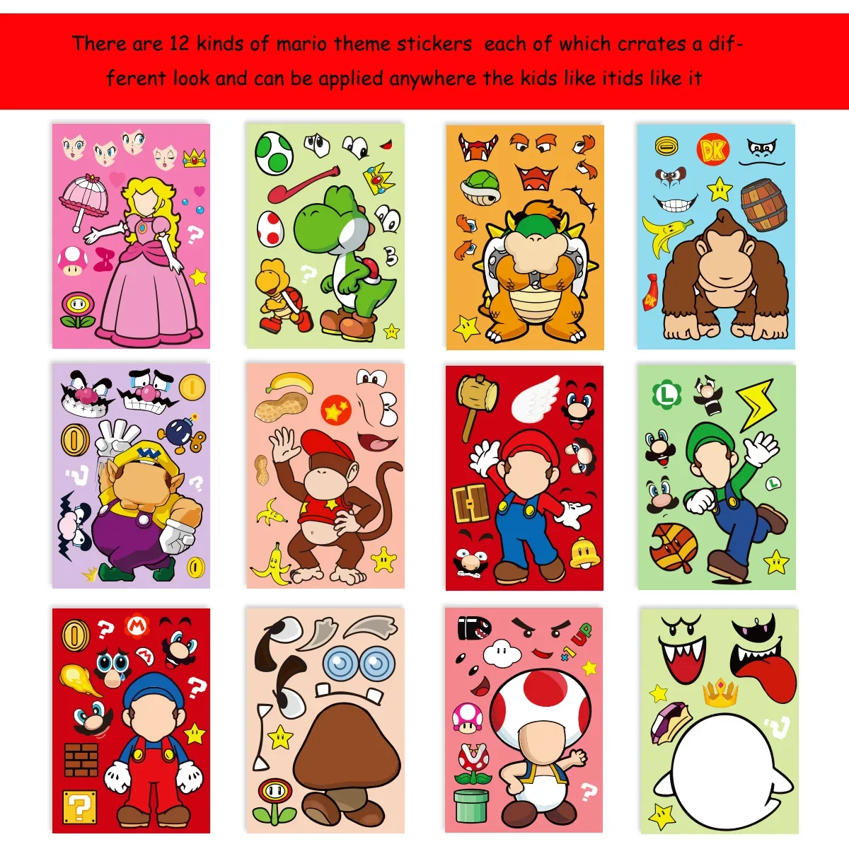 Game Mario sticker 12pcs Children DIY Puzzle Sticker Mario Face Funny Anime Cartoon Assemble Stickers Kids Toys Boys Girls Gifts