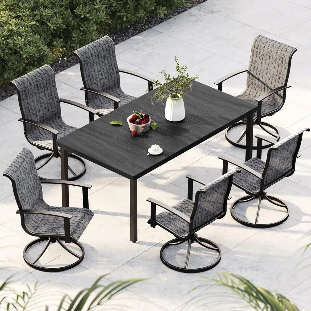 

Patio Dining Set with Mesh Rocking Chairs Wood Grain Table Top with Umbrella Holes