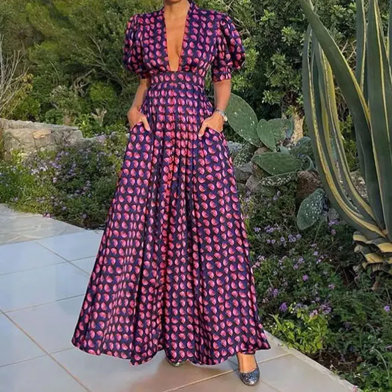 

Elegant Deep V Neck High Waist Party Dress Female Print Puff Sleeve Pleated Long Dress Summer Temperament Pocket Slim Maxi Dress