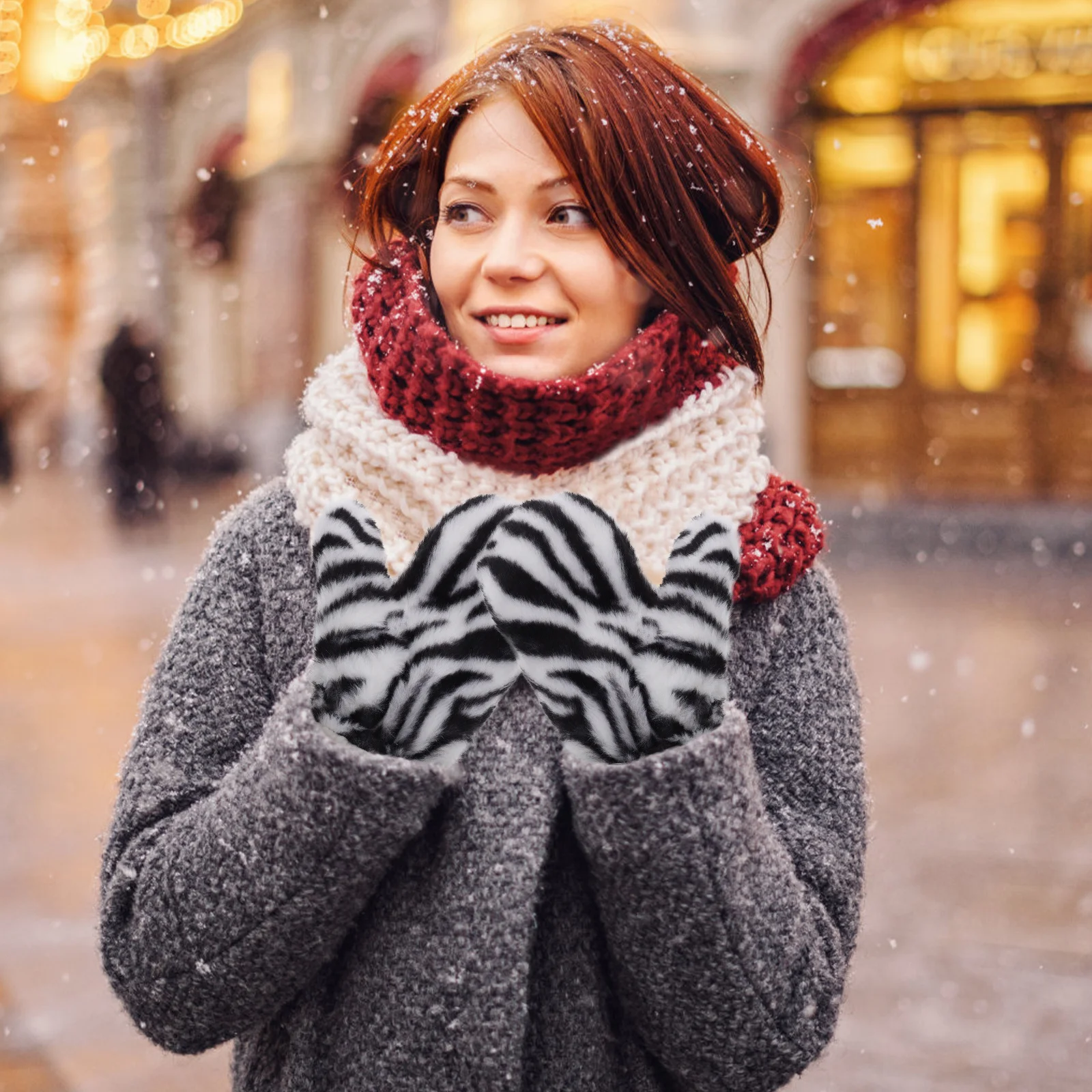 

1 Pair Zebra Print Mittens For Women Winter Warm Gloves With String Neck Hanging Design For Biking Driving Walking Traveling