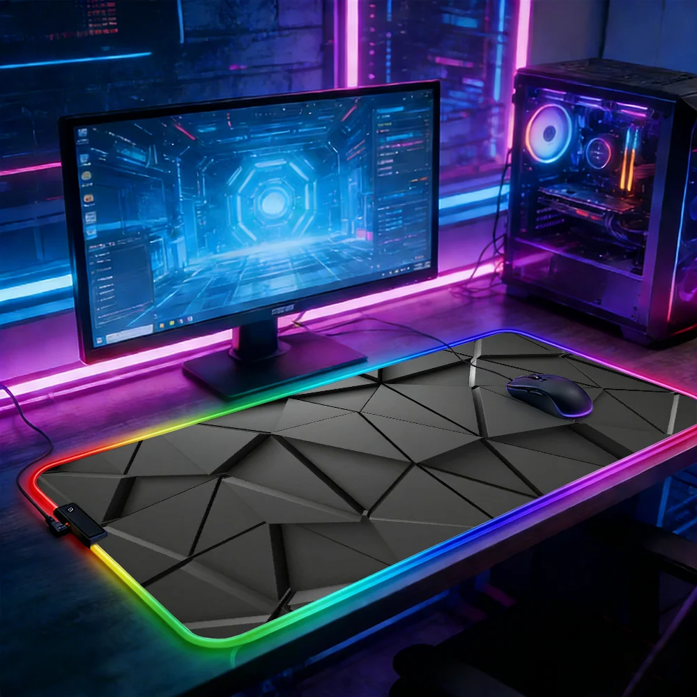 LED Lighting RGB Mouse Pad E-sports Game Keyboard Pad Table Mats Solid Triangle Geometry Mousepad Gamer Laptop Accessories Anime