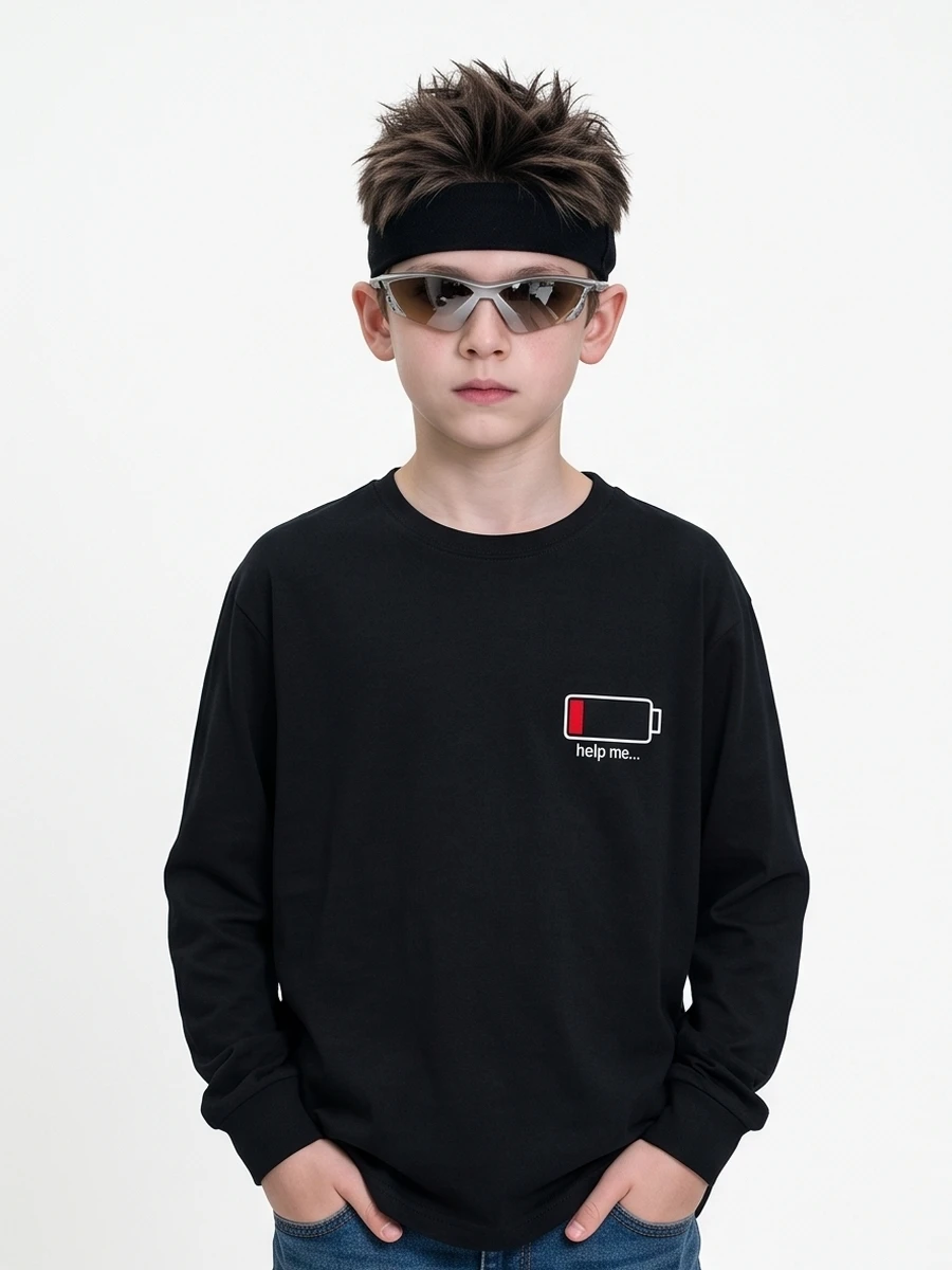 Boys Long Sleeve Cotton T‑Shirt, Fun Cartoon Battery Graphic Chest Print Loose Fit Casual Tops for 4‑16 Years Old