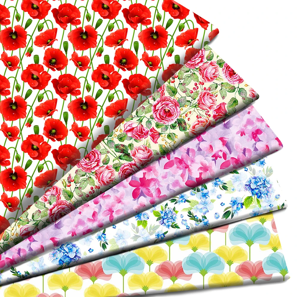 Tela de algodón puro de poliéster con estampado floral, tejido de retales con flores de Color arcoíris, tejido acolchado para costura