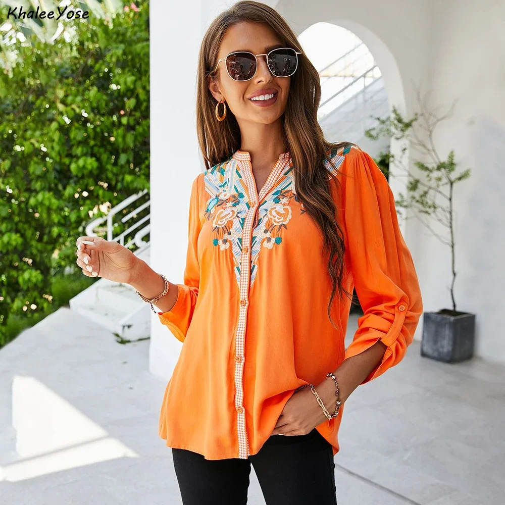 KHALEE YOSE Floral Embroidery Blouses Shirt Orange Spring Autumn Boho Mexican Women Shirts Long Sleeve 23xl Ethnic Hippie Tops