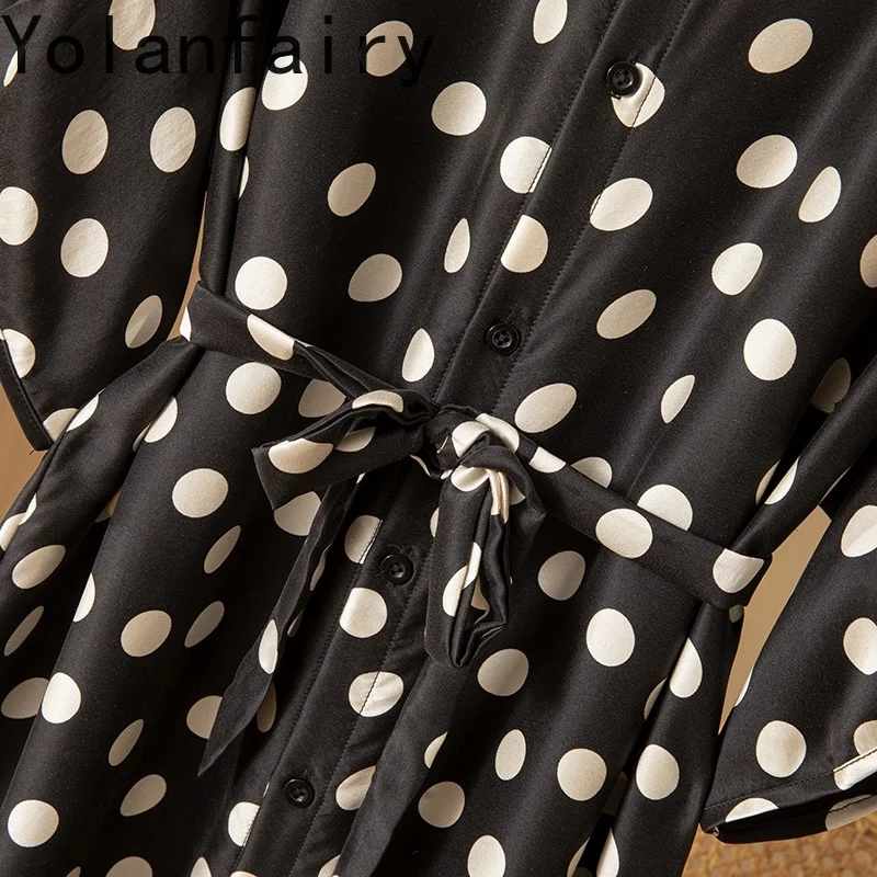YOLANFAIRY 100% Real Mulberry Silk Long Dresses 2025 Woman Classic Polka Dot Dress Silk Satin Elegant Ladies Dresses Half Sleeve