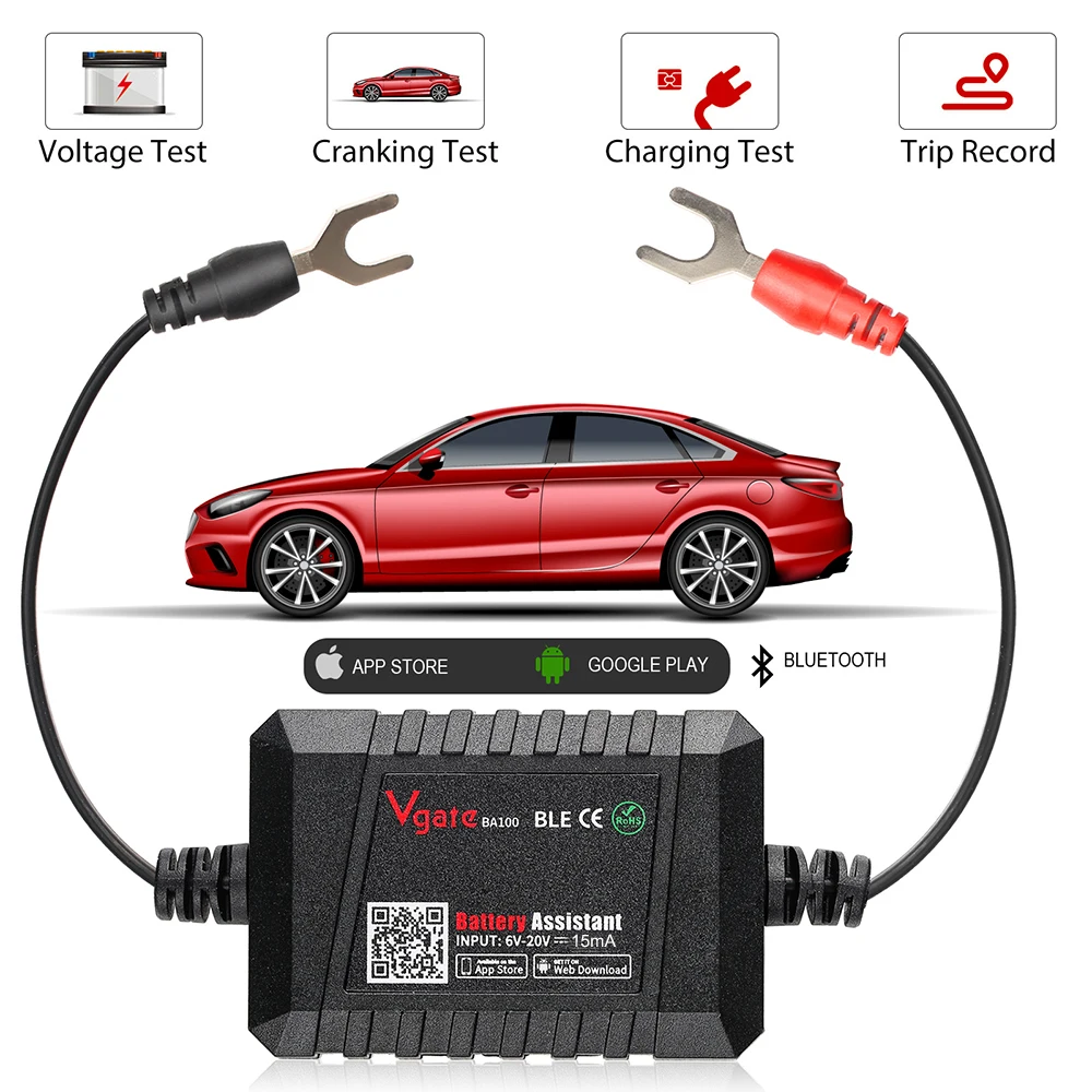 Vgate BA100 Car Battery Tester 12V Monitor Bluetooth 4.0 Car Battery Assistant work with iOS & Android Battery helper