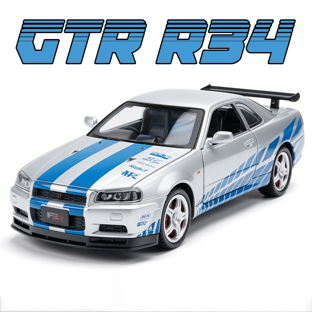1:32 Nissan GTR R34 Car Model Toy Sound Light Pull Back Models Doors Opened Alloy Body Supercar for Boyfriend Anniversary Gifts