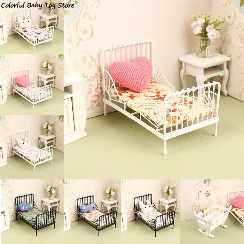 1Set 1:12 Dollhouse Miniature Iron European Bed Cradle Bed with Mattress Cushion Hanging Ornaments Furniture Bedroom Decor Toy