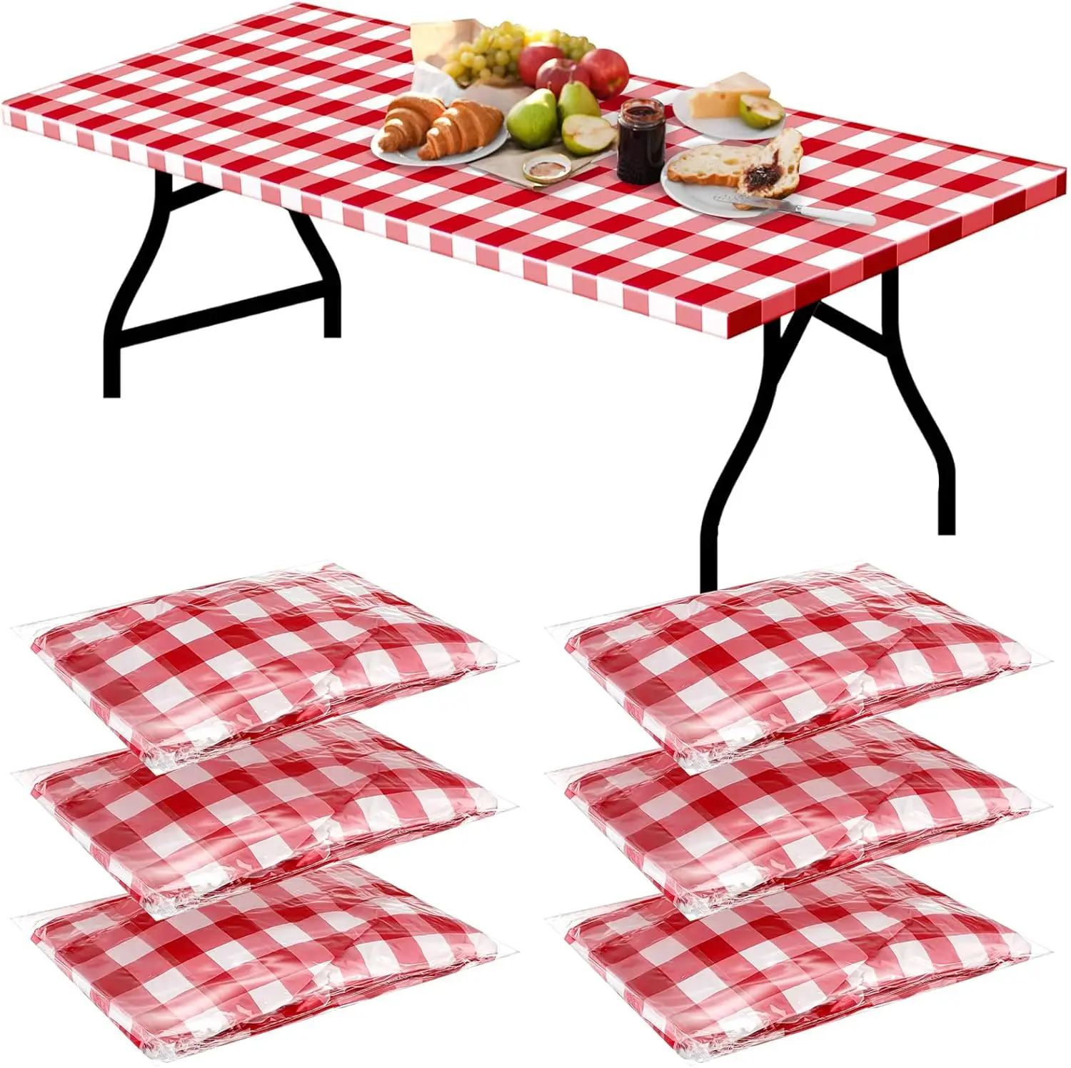 

6 Pcs Plastic Picnic Table Cover 72 x 30 Inch for 6 ft Tables Disposable Waterproof Red and White