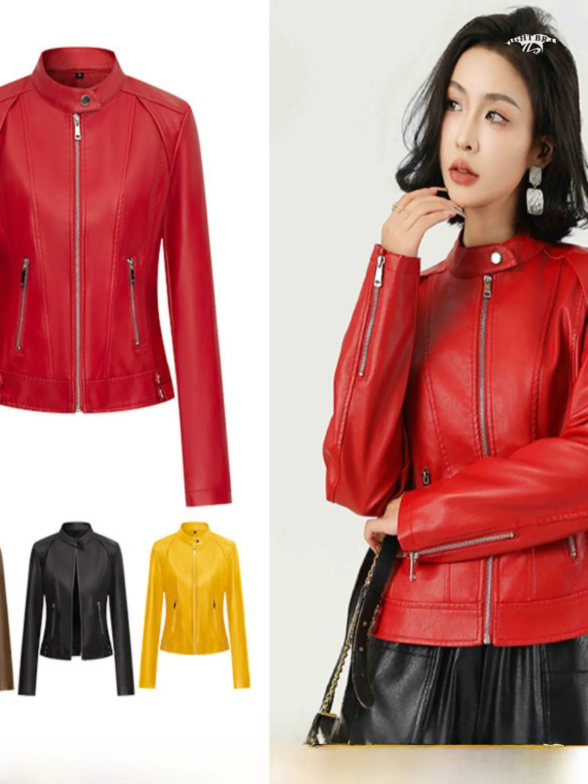 Faionable cuir rouge Jaet ort manteau mince col montant printemps automne rue Sle coupe ajustée en cuir PU fermeture à glissière