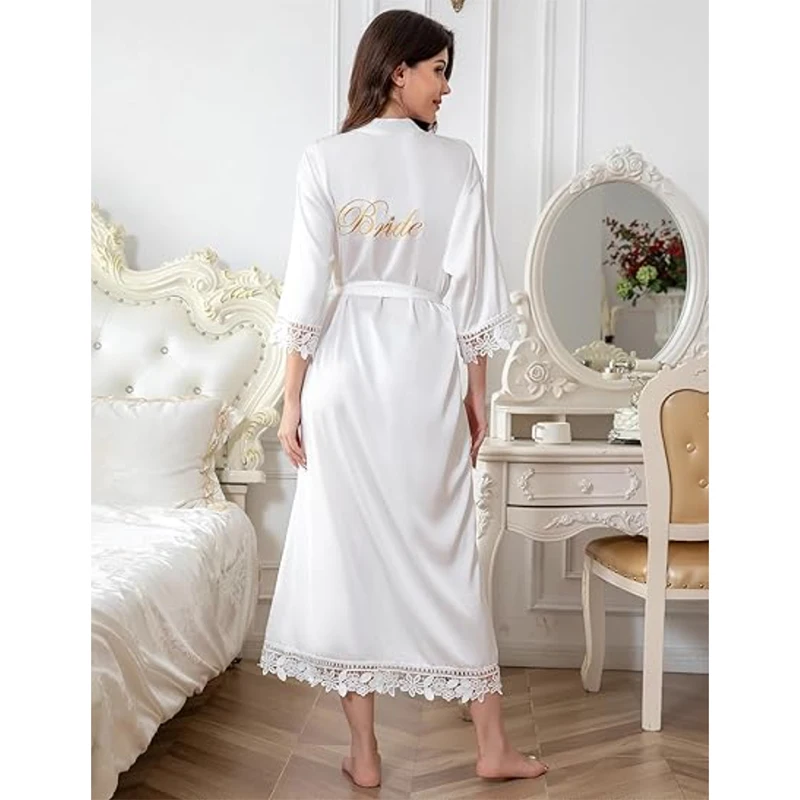 Womens Lace Trim Long Bridal Kimono Robes With Embroidery Bride Bridesmaid Satin Bathrobe Wedding Gifts
