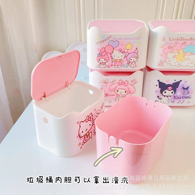 Kawaii Sanrio Kitty My Melody Kuromi Anime Kawaii Desktop Pressed Trash Can Storage Box Desktop Car Portable Mini Trash Can