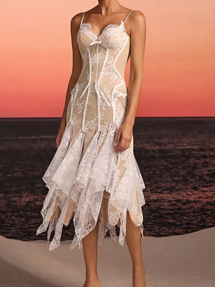 

Fashion Lace Embroidery Sleeveless Long Dress 2026 Sexy Waist Solid Women's Gowns Elegant V-neck Irregular Hem Suspender Dress