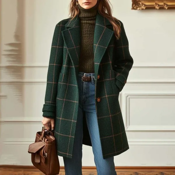 

Winter Women's Vintage Plaid Mid-Length Turn-Down Collar Plus Size Jacket Coat
