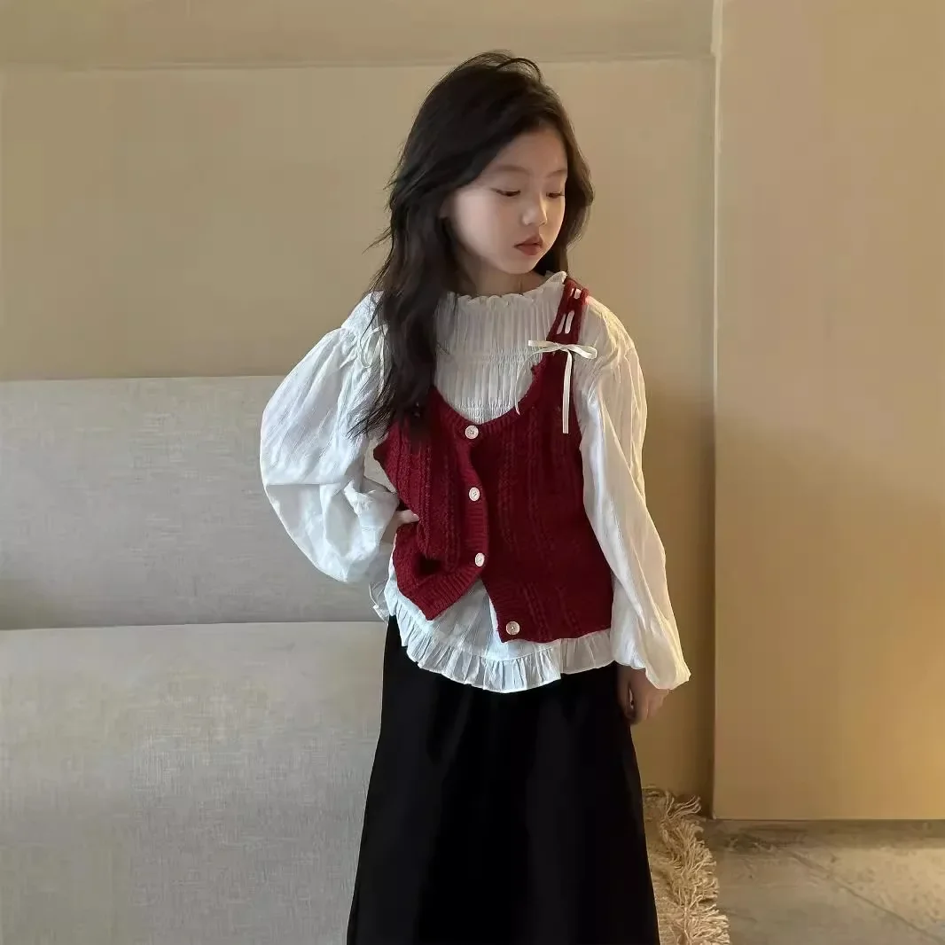 Cross border girls' camisole sweater children's vest 2025 autumn new knitted bow vest top children's vest