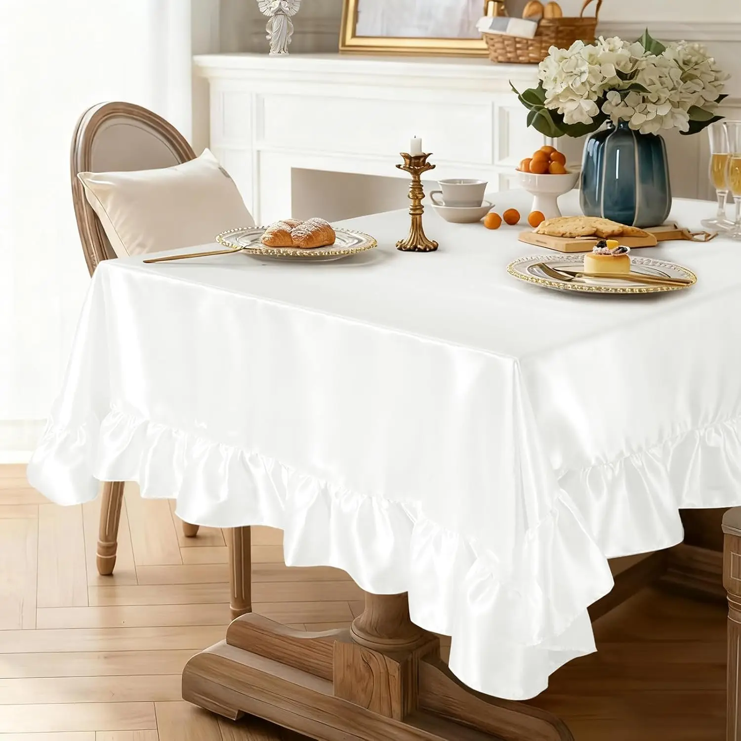

Ruffle Satin Tablecloth,Rectangle Smooth Fabric Bright Silk Tablecloth for Wedding Banquet Kitchen Indoor and Outdoor Decortion