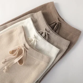 Calças de malha macia feminina outono/inverno outerwear pendurado malha perna larga calça branca calças de chão calças de perna reta