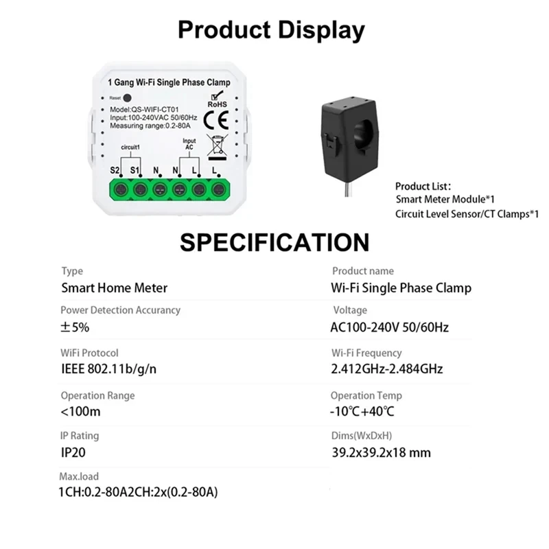 Smart Life WIFI Energy Meter Current Sensor Statistician for Electrical Lighting Solar KWH Monitor 100-240V 2CT-A56M