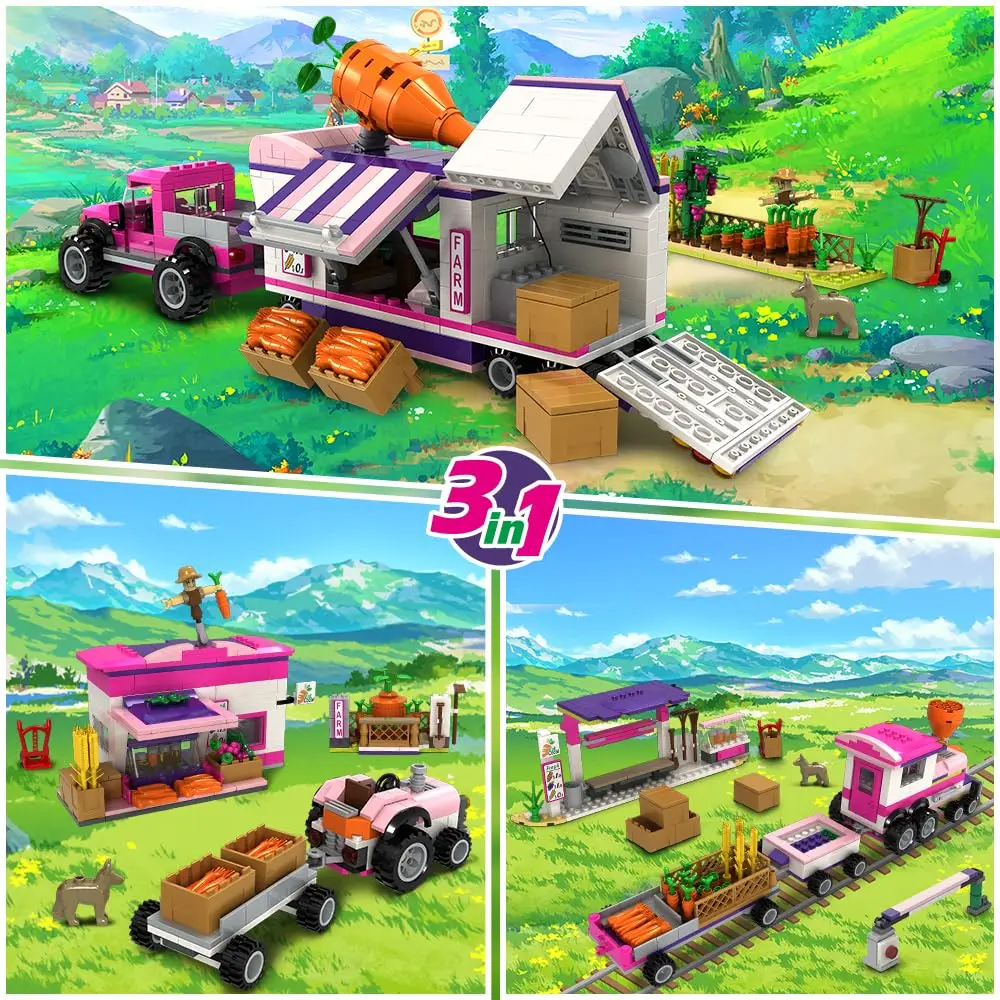 HOGOKIDS-juguetes de construcción de granja 3 en 1, camión de tren de mercado con LED, agrícola, con pegatinas, regalo de cumpleaños para niñas y niños, Age6 +