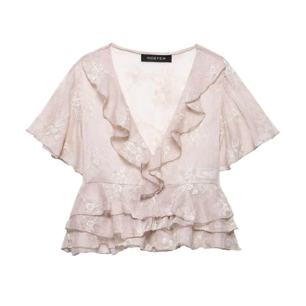 

layered decorative embroidered semi transparent top V-neck short sleeved pullover summer new women's sweet top
